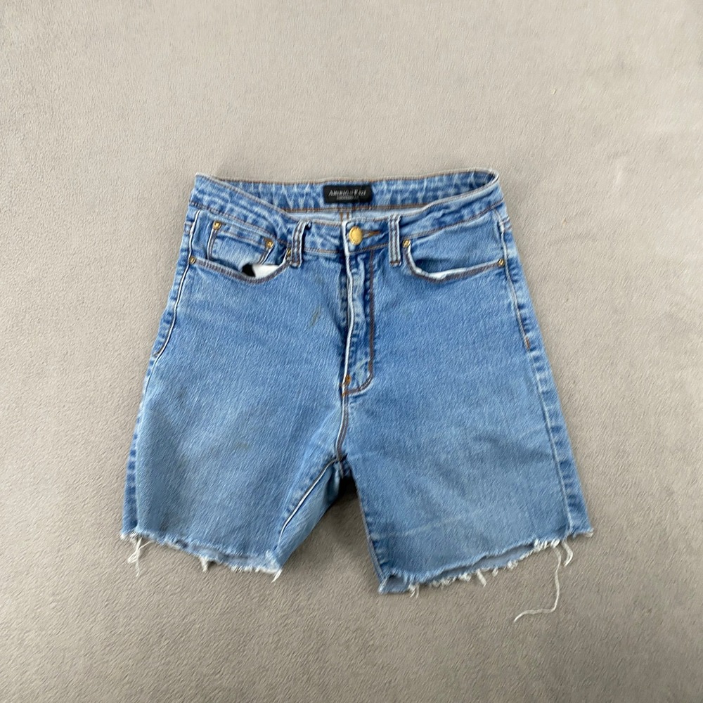 American Bazi Womens High Waisted Denim Shorts Medium Wash Raw Hem 25 Waist